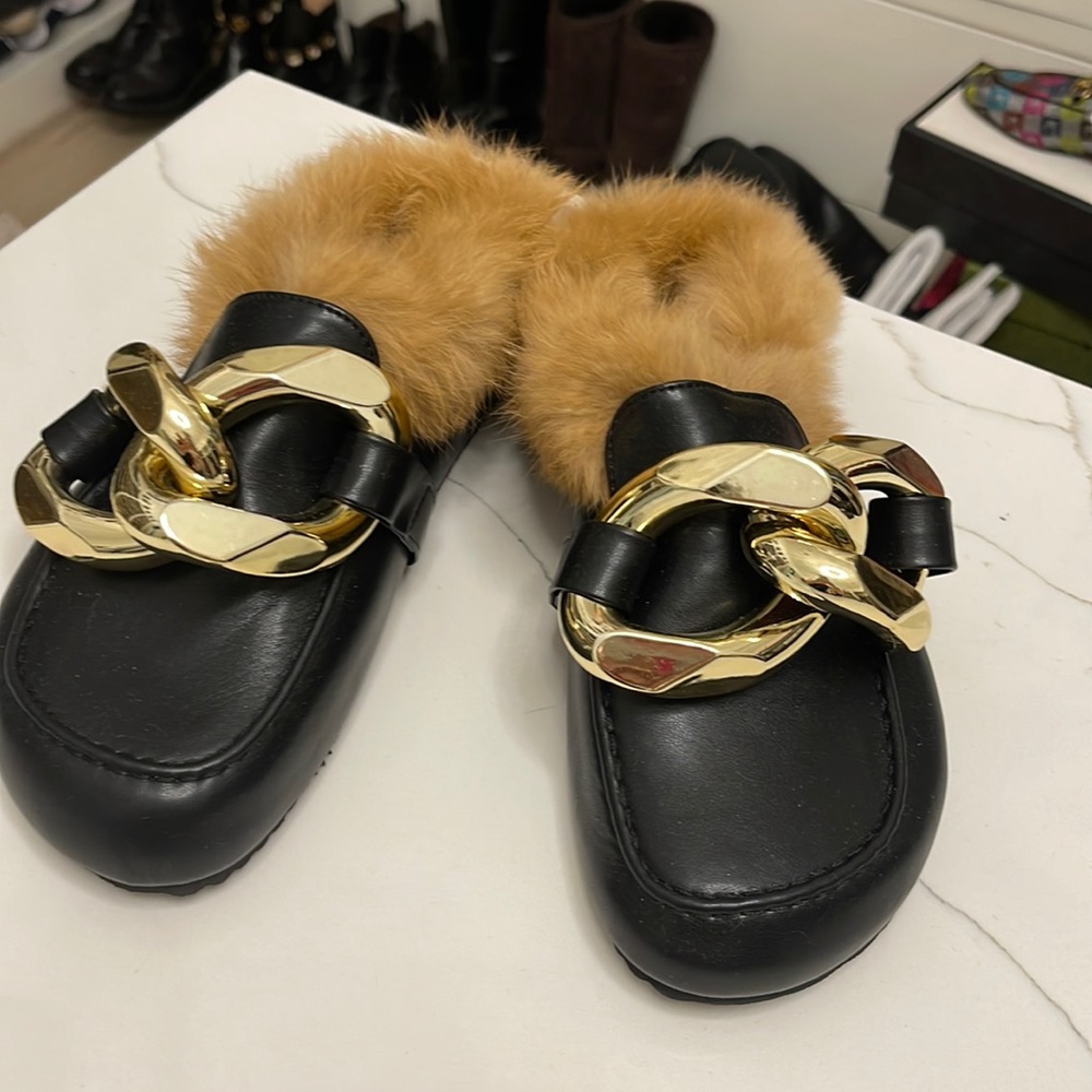 Black fuzzy mules